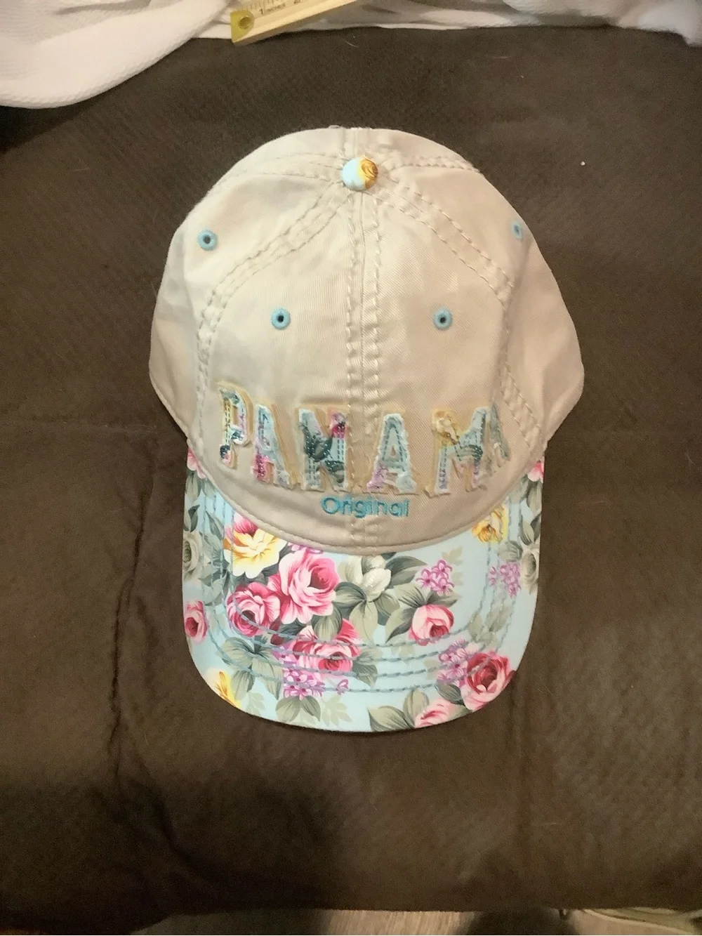 Robin Ruth Beige Baseball Cap with Floral Brim